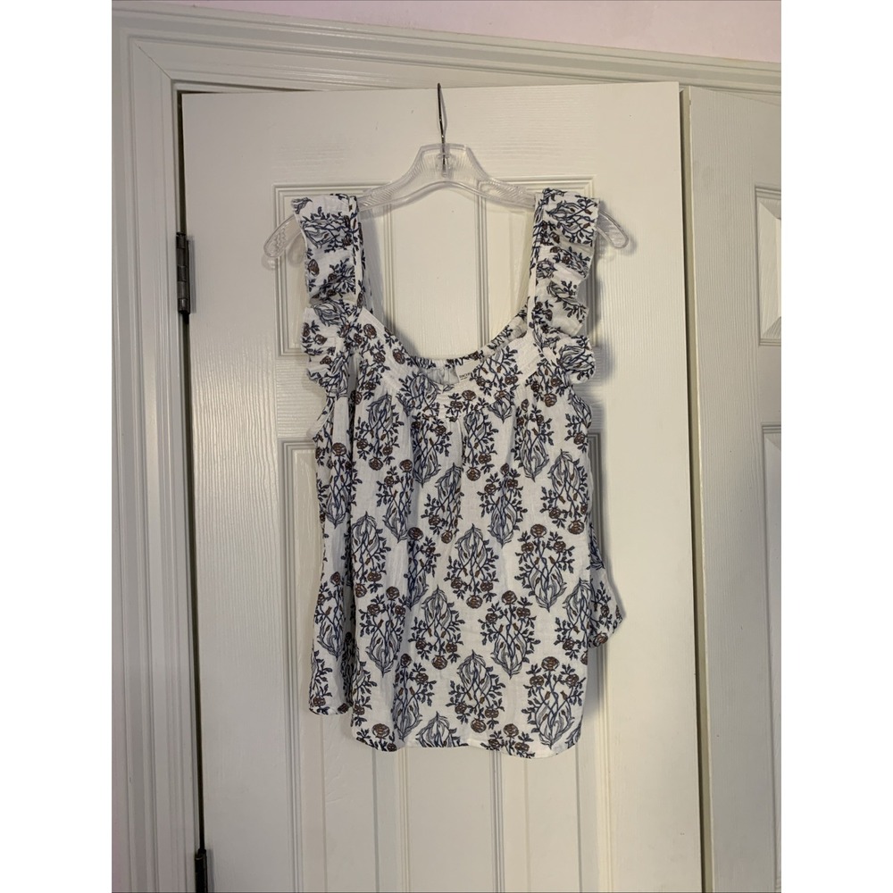 Rachel Zoe Womens Large Blue Floral Ruffle Strap Boho Scoop Neck Blouse White